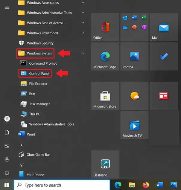 Image: Allez dans « Système Windows » et « Panneau de configuration » en bas du menu « Démarrer » de Windows