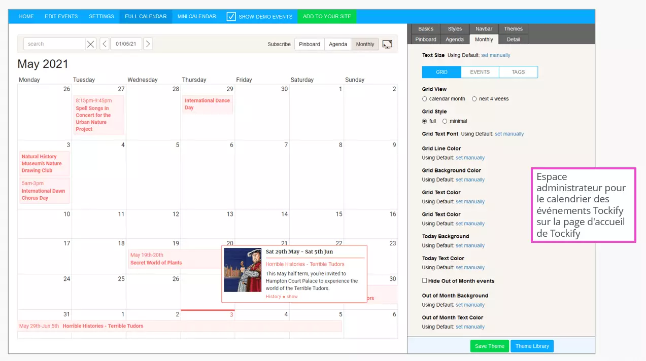 L’espace administrateur de Tockify Events Calendar sur le site Internet du fournisseur