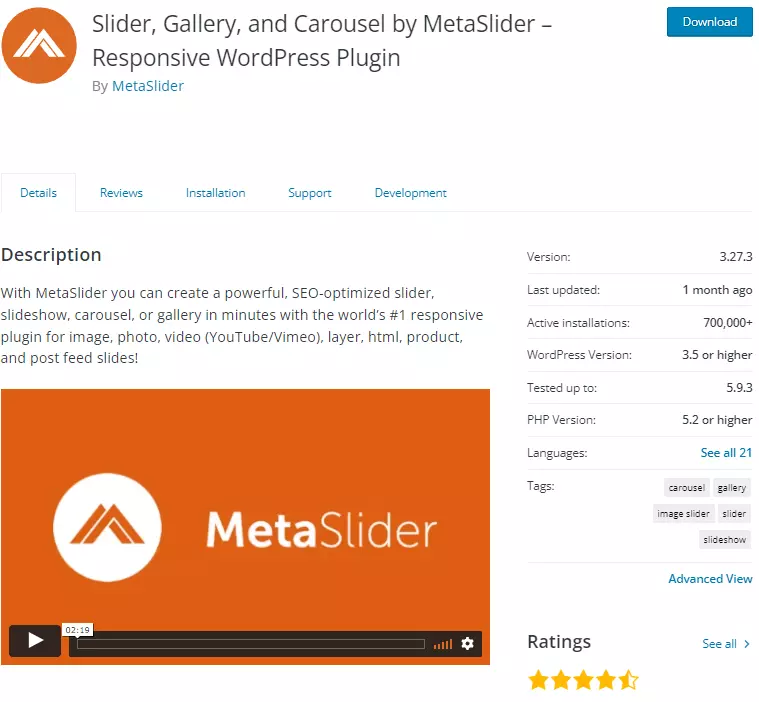 Image: Capture d’écran du plugin Wordpress MetaSlider