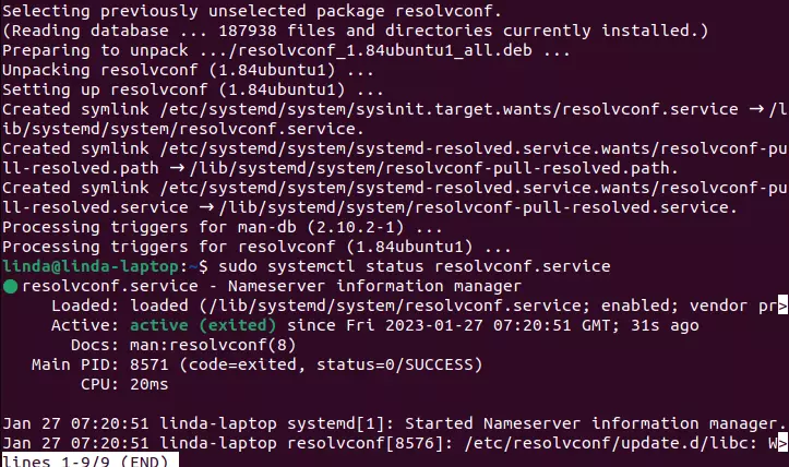 Le terminal Ubuntu avec un message sous forme de code sur le service resolvconf Le terminal Ubuntu avec un message sous forme de code sur le service resolvconf