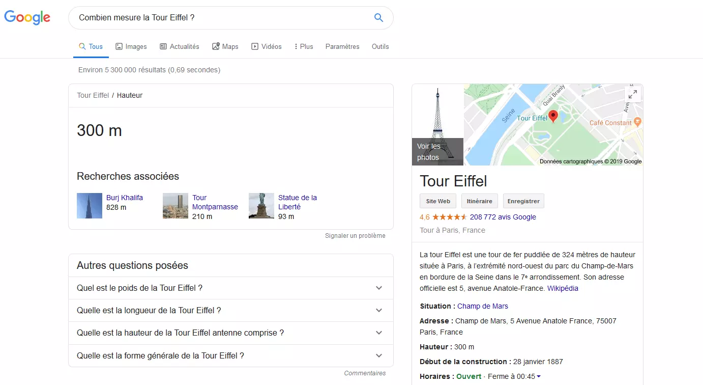 Image: Encadré de réponse du Knowledge Graph sur la question « Quelle est la hauteur de la Tour Eiffel ? »