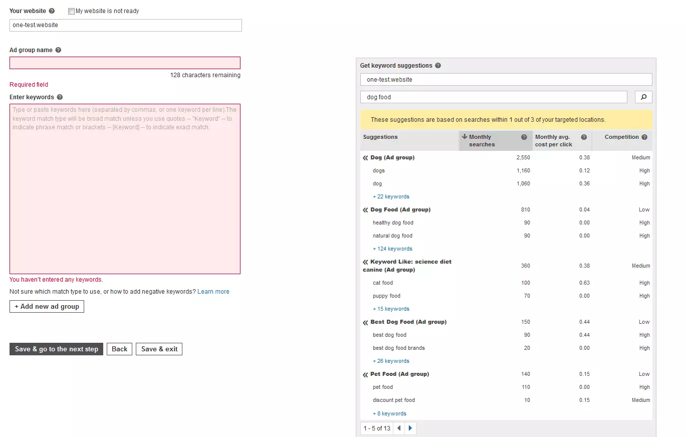 Image: spécification des mots-clés avec Bing Ads
