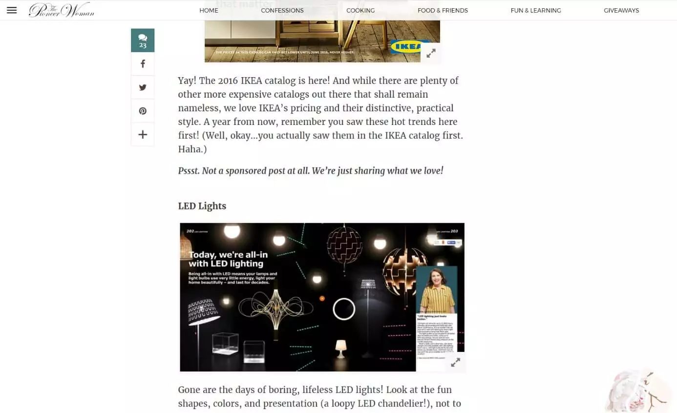 Image: Screenshot d’un article non sponsorisé sur le blog « The Pioneer Woman »