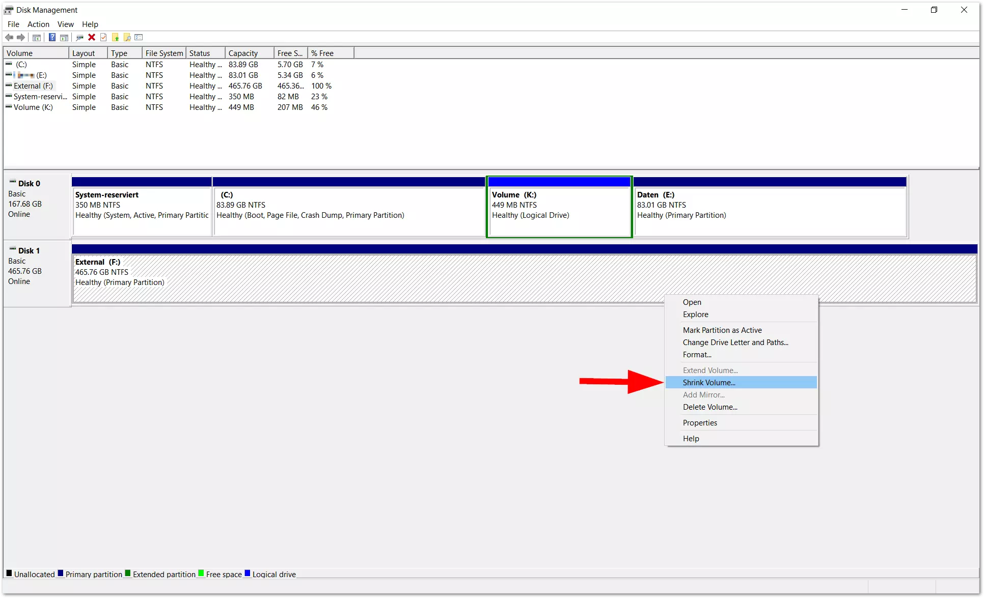 Image: Aperçu de Gestion des disques sous Windows 10