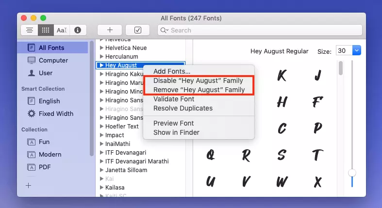 Image: Mac : Installer une police : Désactiver ou supprimer la police