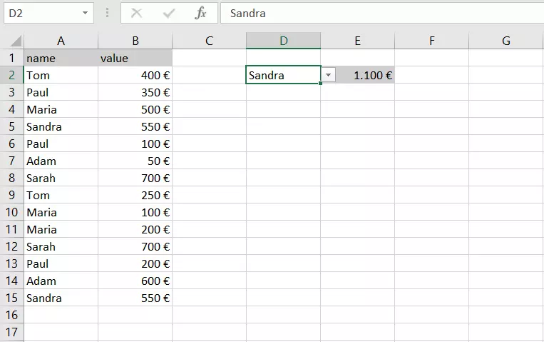 Image: Combinaison de la fonction SOMME.SI et d’une liste déroulante dans Excel