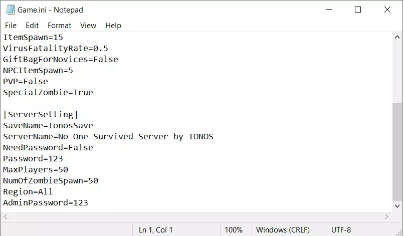No One Survived : fichier de configuration du serveur Game.ini Image: No One Survived : fichier de configuration du serveur Game.ini
