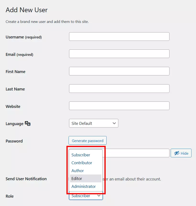 Zone de menu pour ajouter de nouveaux utilisateurs dans WordPress Image: Zone de menu pour ajouter de nouveaux utilisateurs dans WordPress