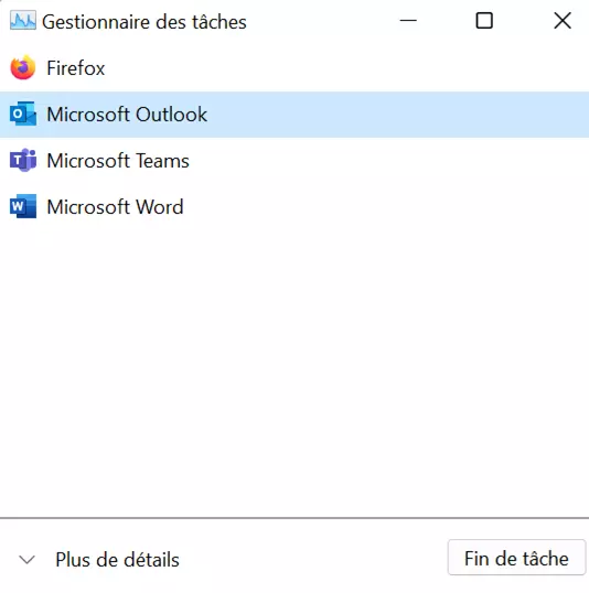 Fermer Outlook dans le Gestionnaire de tâches Image: Fermer Outlook dans le Gestionnaire de tâches